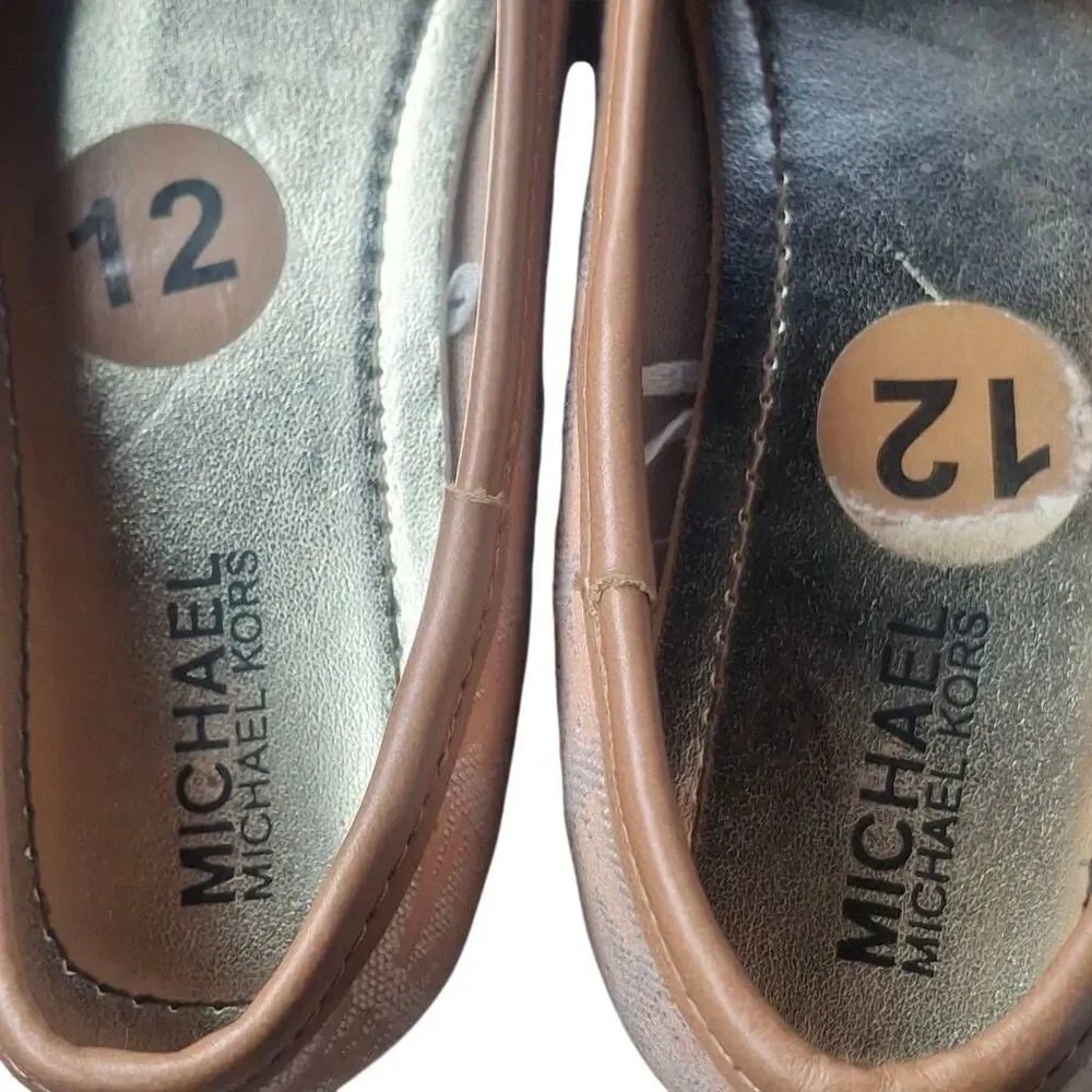 Michael Kors Girls Ballet Flats Logo Bow Slip-On Size 12 Tan Monogram EUC